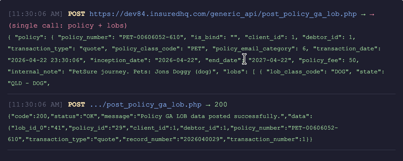 InsuredHQ Core API call sequence behind the pet quote POC - quick quote, client upgrade, policy and LOB creation, invoice generation