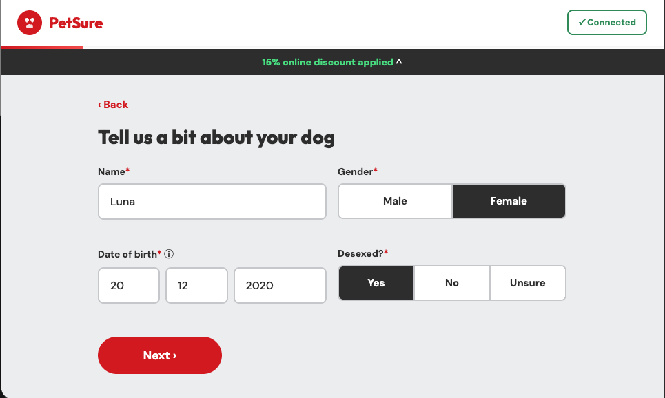 Pet details form — name, gender, date of birth, desexed