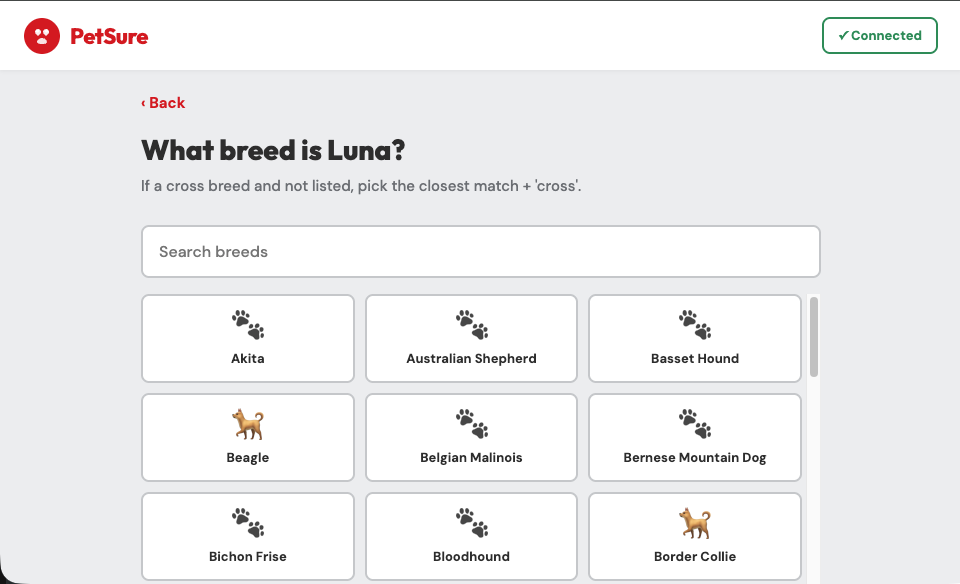 Breed picker for Luna — searchable list with paw icons