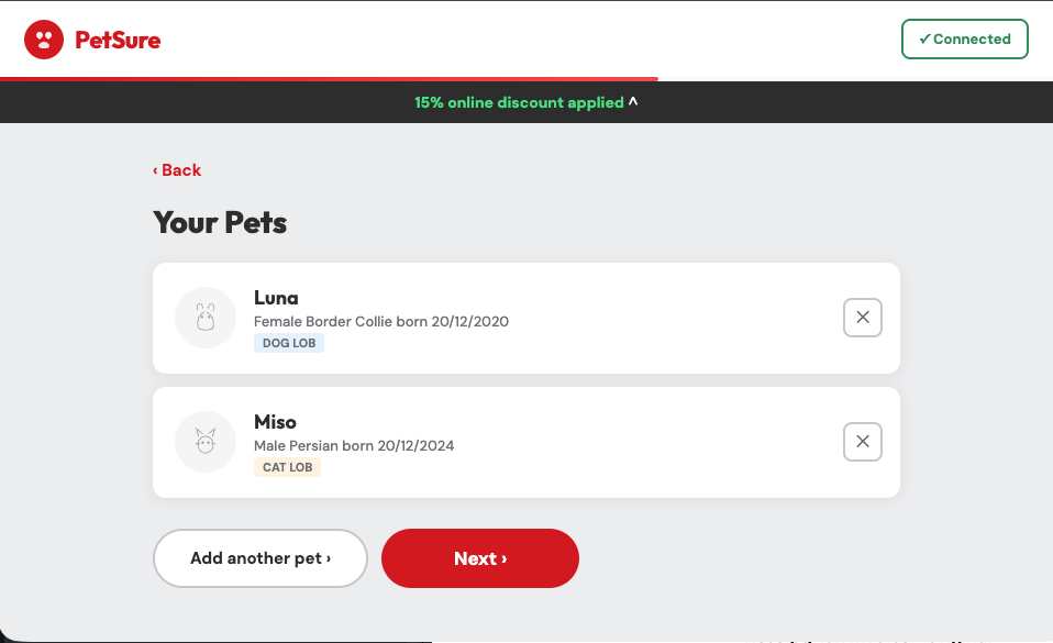 Your Pets list — Luna (Border Collie) and Miso (Persian), each with its own LOB chip