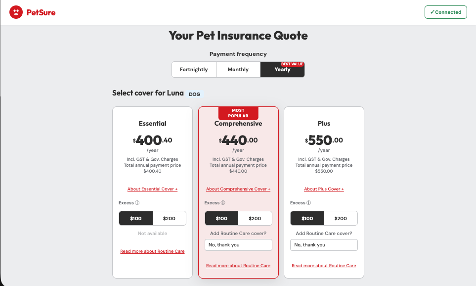 Your Pet Insurance Quote — Essential / Comprehensive / Plus tiers with pricing